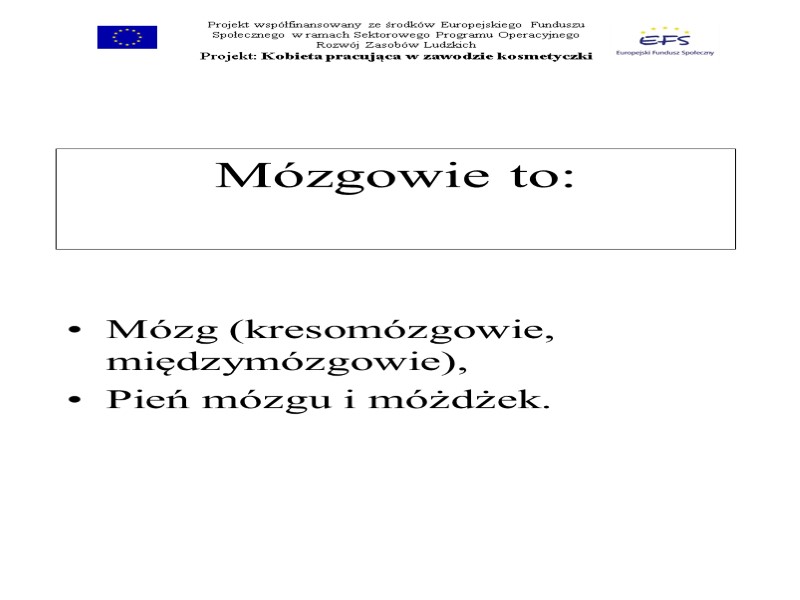 Mózgowie to: Mózg (kresomózgowie, międzymózgowie), Pień mózgu i móżdżek.  Projekt współfinansowany ze środków